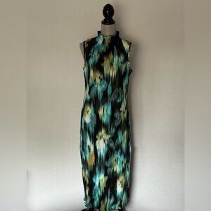 Future Collective blue green black sleeveless mock neck midi dress women’s small